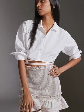 Pilcro Smocked Mini Skirt Smocked Ruffle Mini Skirt in Cream Medium Hourglass